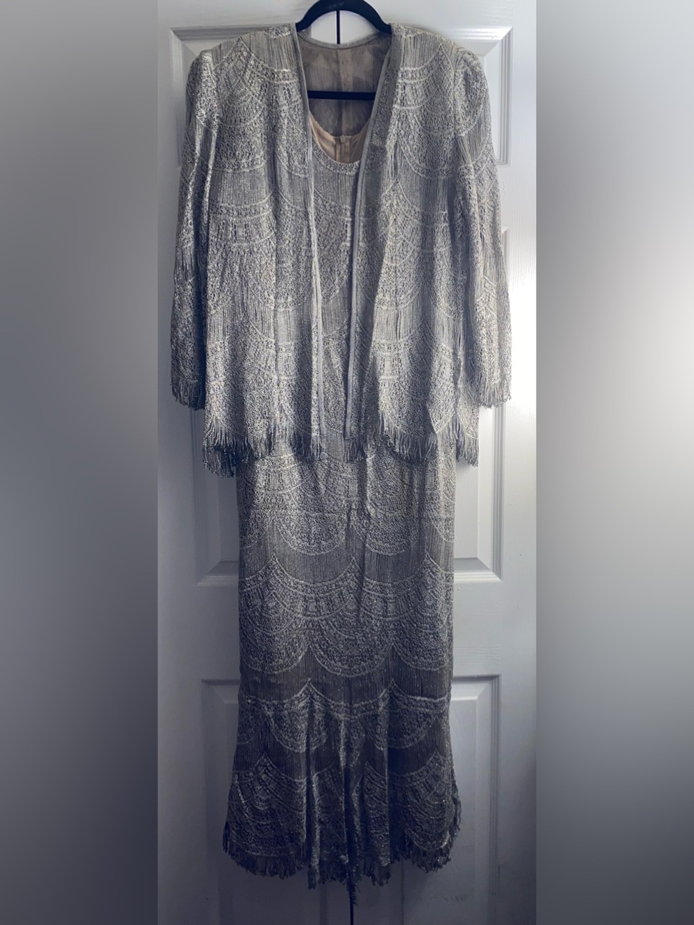 Vintage Silver Beaded Long Sleeve Fringe Dress Set